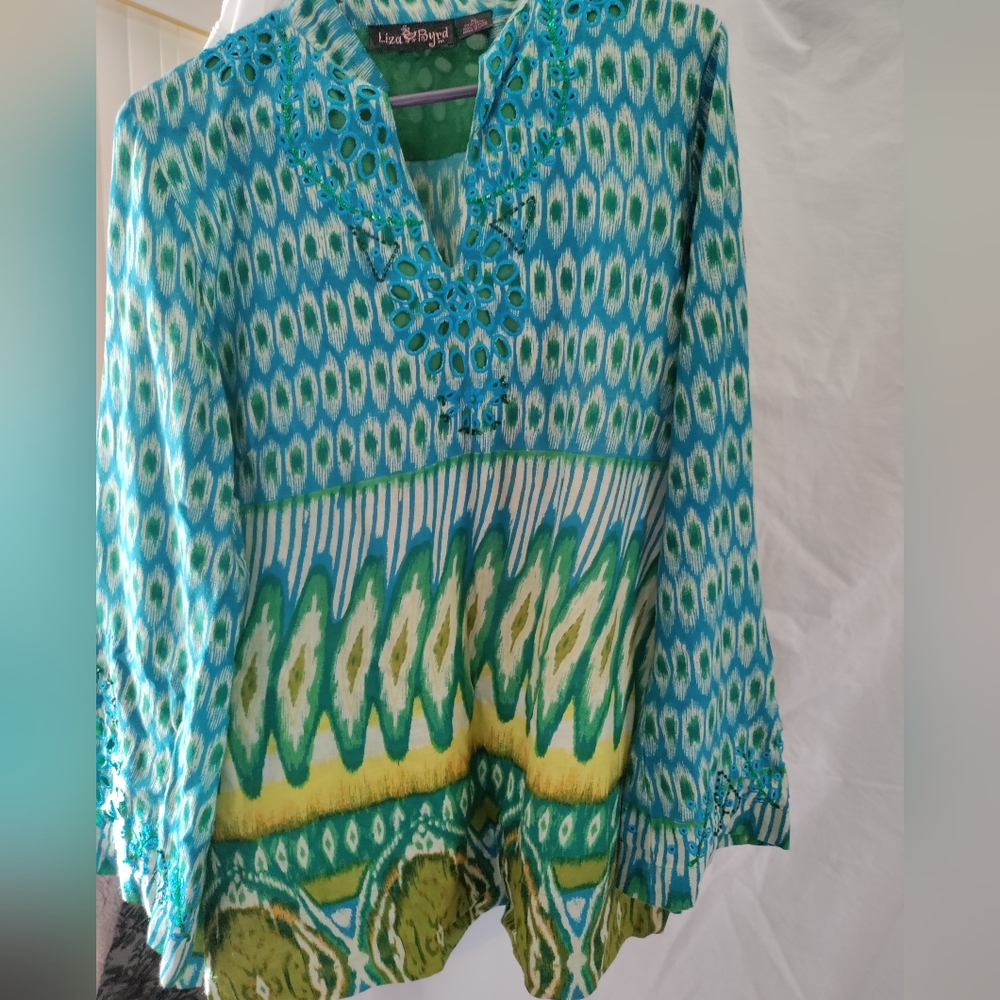 Liza Byrd Green and Yellow Patterned Women's Top 100% Cotton XL